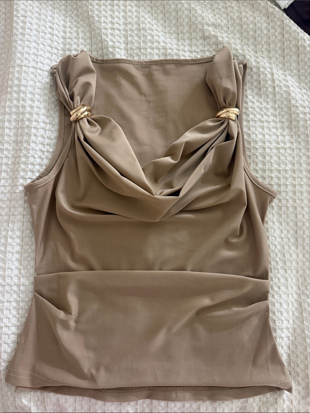 Taupe Cowl Neck Tank with Gold Ring Accents